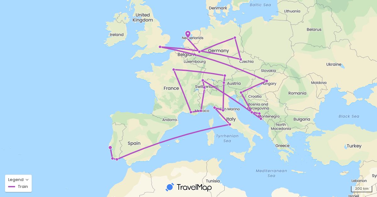 TravelMap itinerary: driving, train in Austria, Bosnia and Herzegovina, Switzerland, Czech Republic, Germany, France, United Kingdom, Croatia, Hungary, Italy, Netherlands, Portugal, Slovenia (Europe)